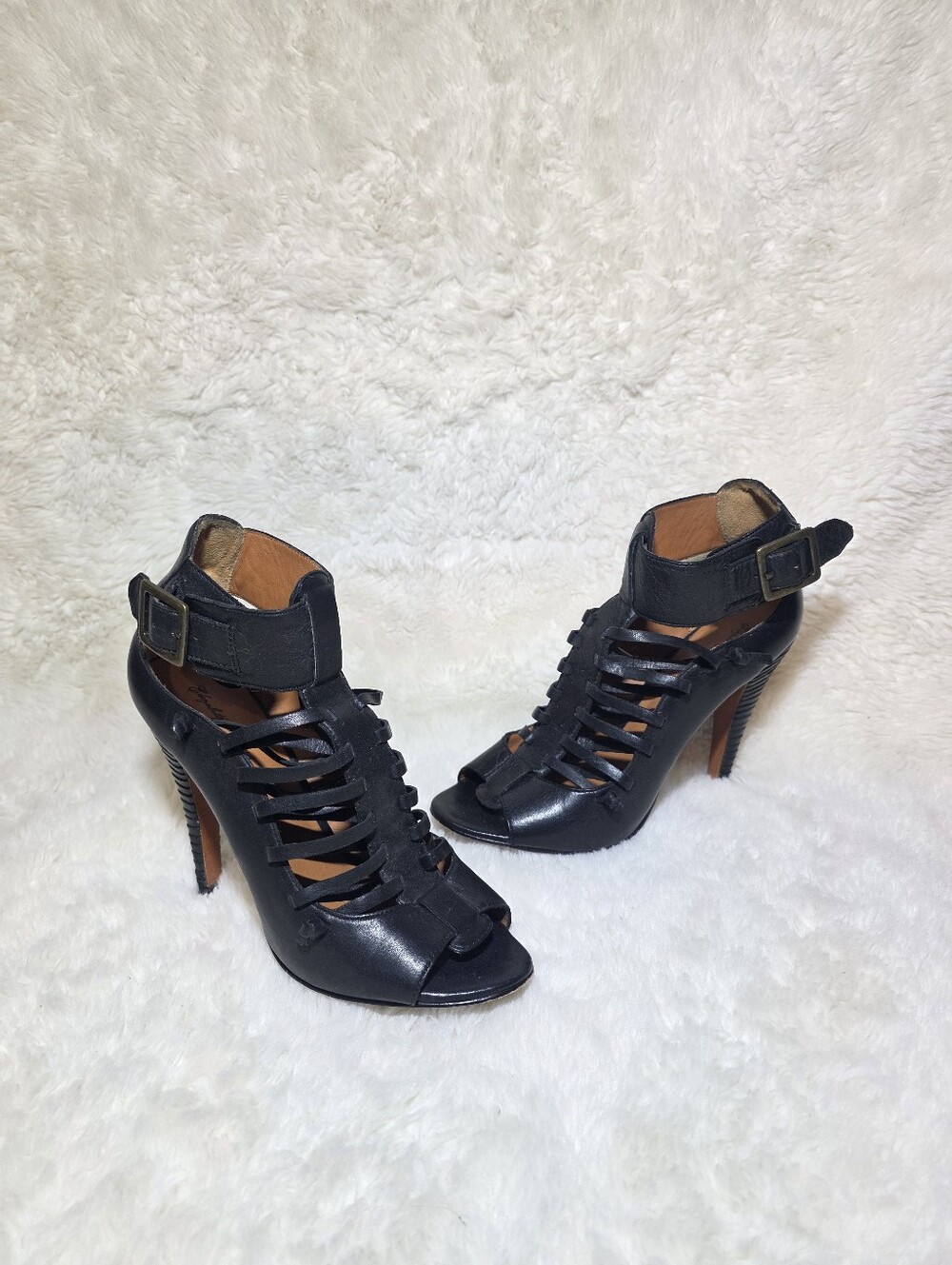 Elizabeth and James E-Luella Black Leather Strappy Cage Heels Peep Toe Size 7.5